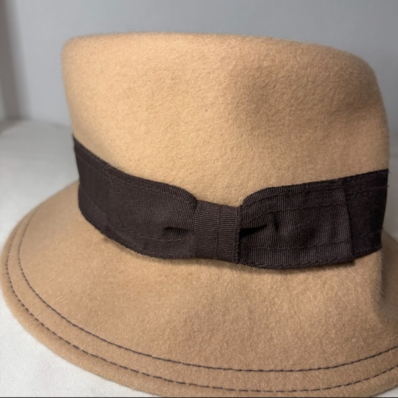 Vintage 100% Wool Doeskin Felt Hat Tan/Brown with Ribbon +Bow main image 7